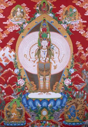 147 X 105cms Large Size Avalokiteshvara Chenrezig With Amitabha Buddha On Top